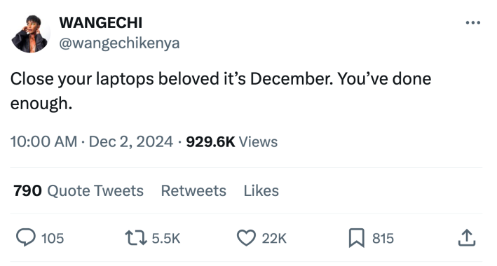 December meme that reads, "Close your laptops beloved it’s December. You’ve done enough."