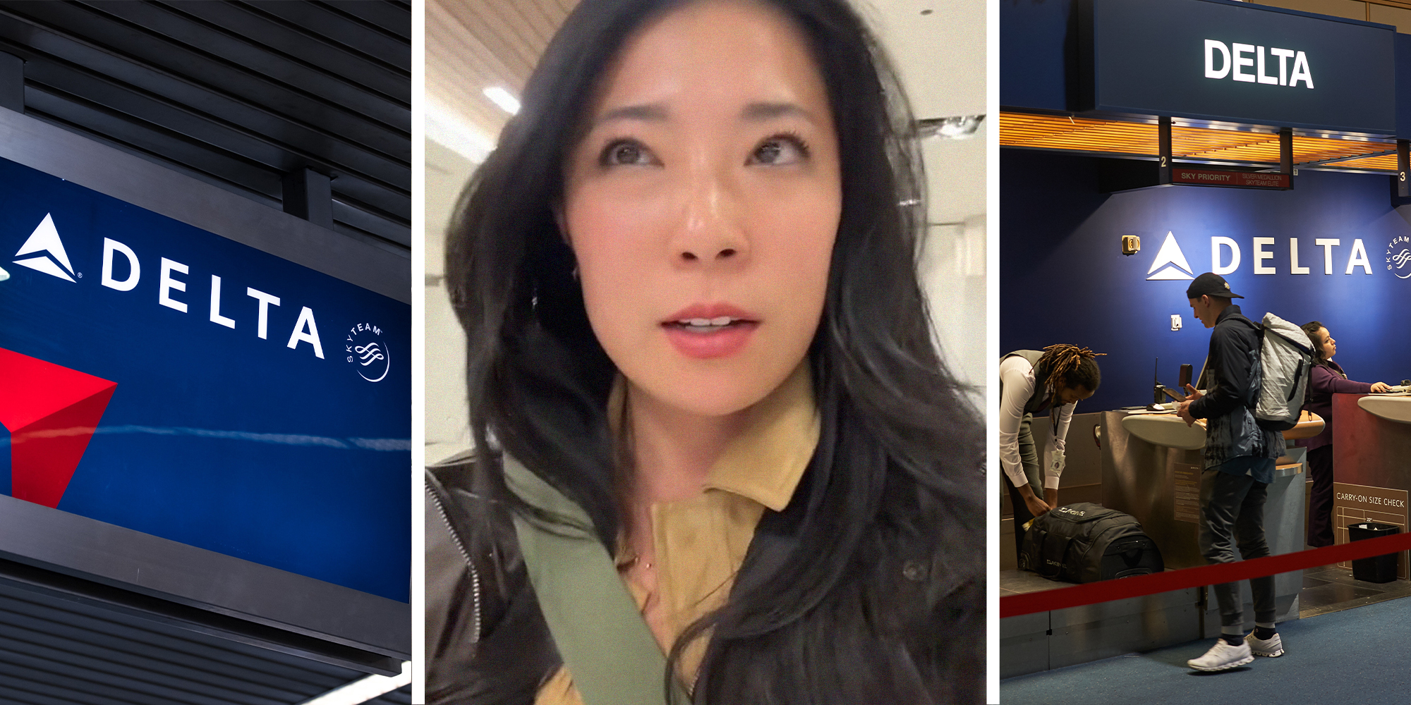 Delta Airlines Sign(l) Woman sharing delta policy update(c) Man checking in bag at Delta(r)