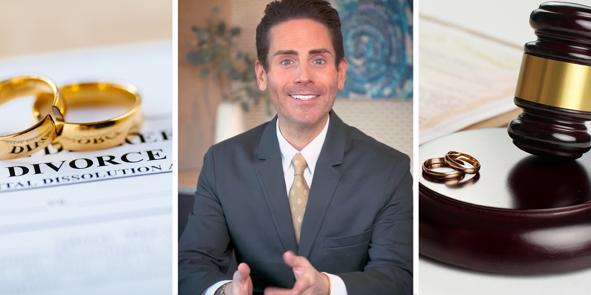 Wedding bands over paper that shows text "divorce" (l) Divorce lawyer providing advice(c) Gavel and wedding ring bands(r)