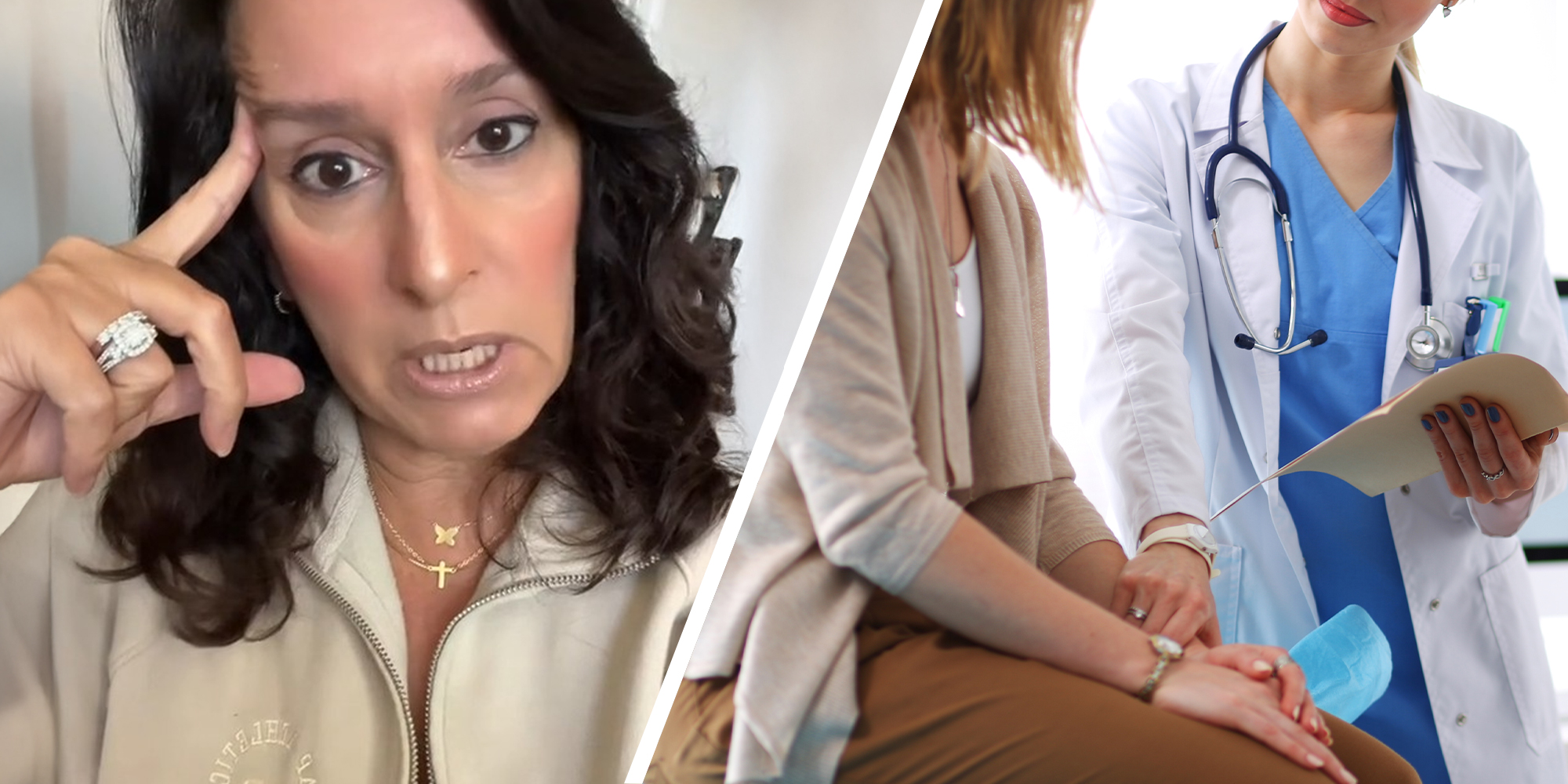 woman sharing we she won't do a mammogram(l) Woman talking to doctor(r)