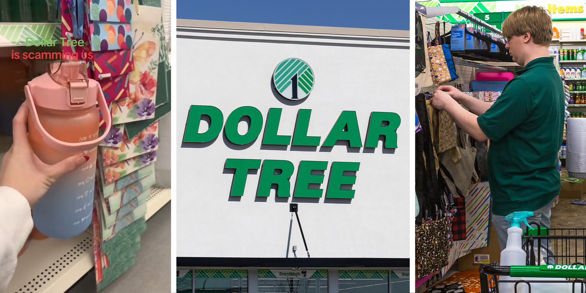 hand holding Water Bottle(l) Dollar Tree Store Logo(c) Man checking items at dollar tree(r)