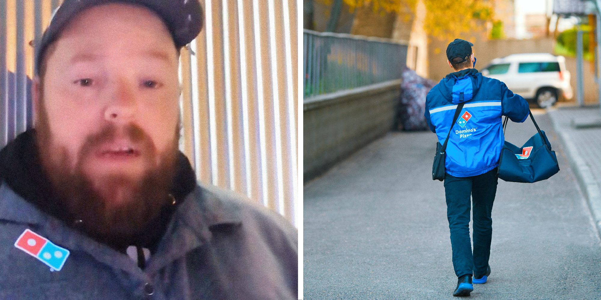 2 panel image, on the left a delivery driver speaks and on the right is a stock image of a delivery driver dropping off food.