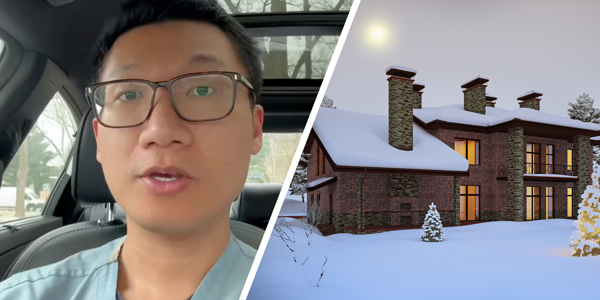 Man talking(l), House in snow(r)