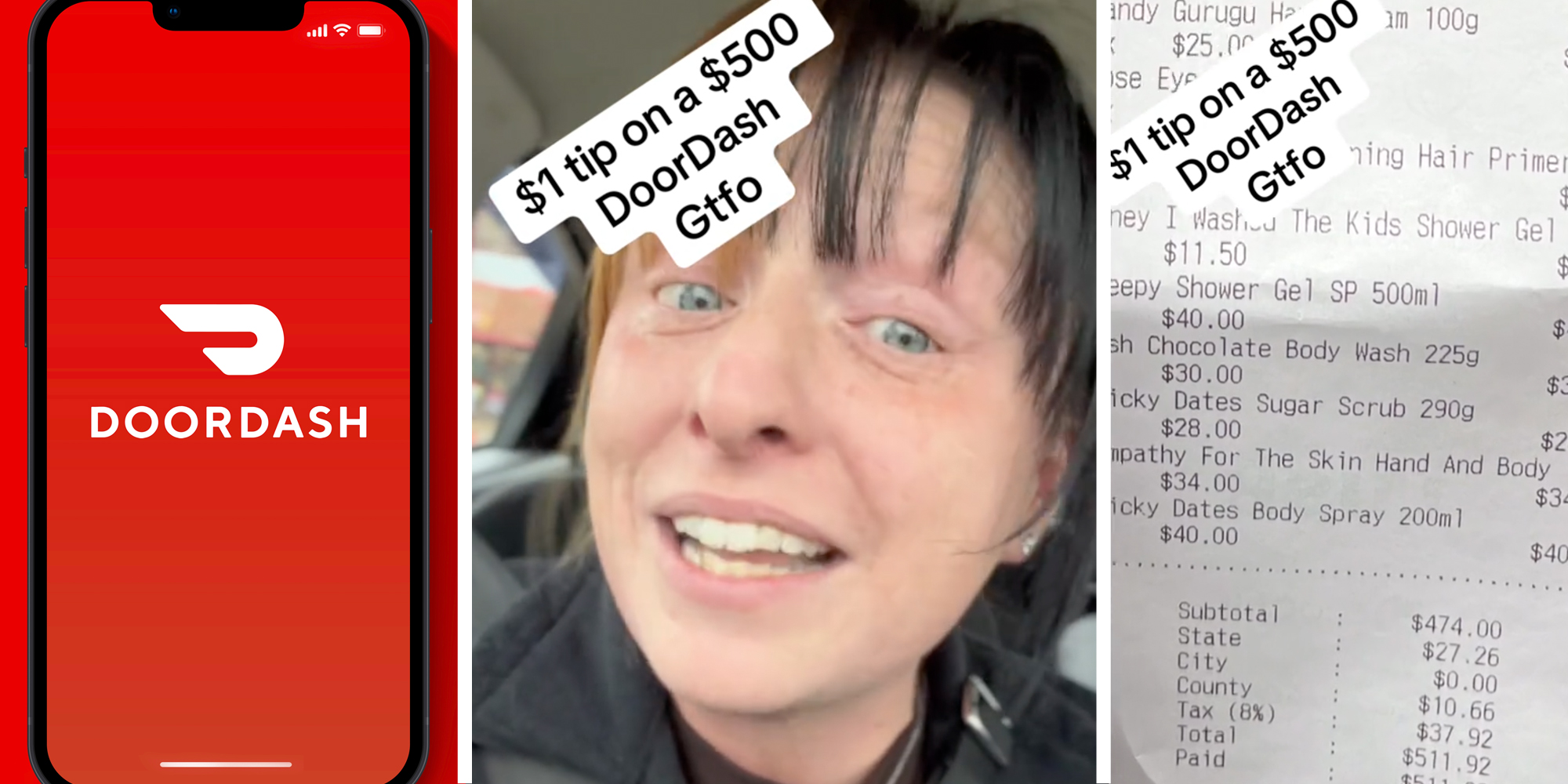 Doordash app on phone(l), Woman talking(c), Lush receipt(r)