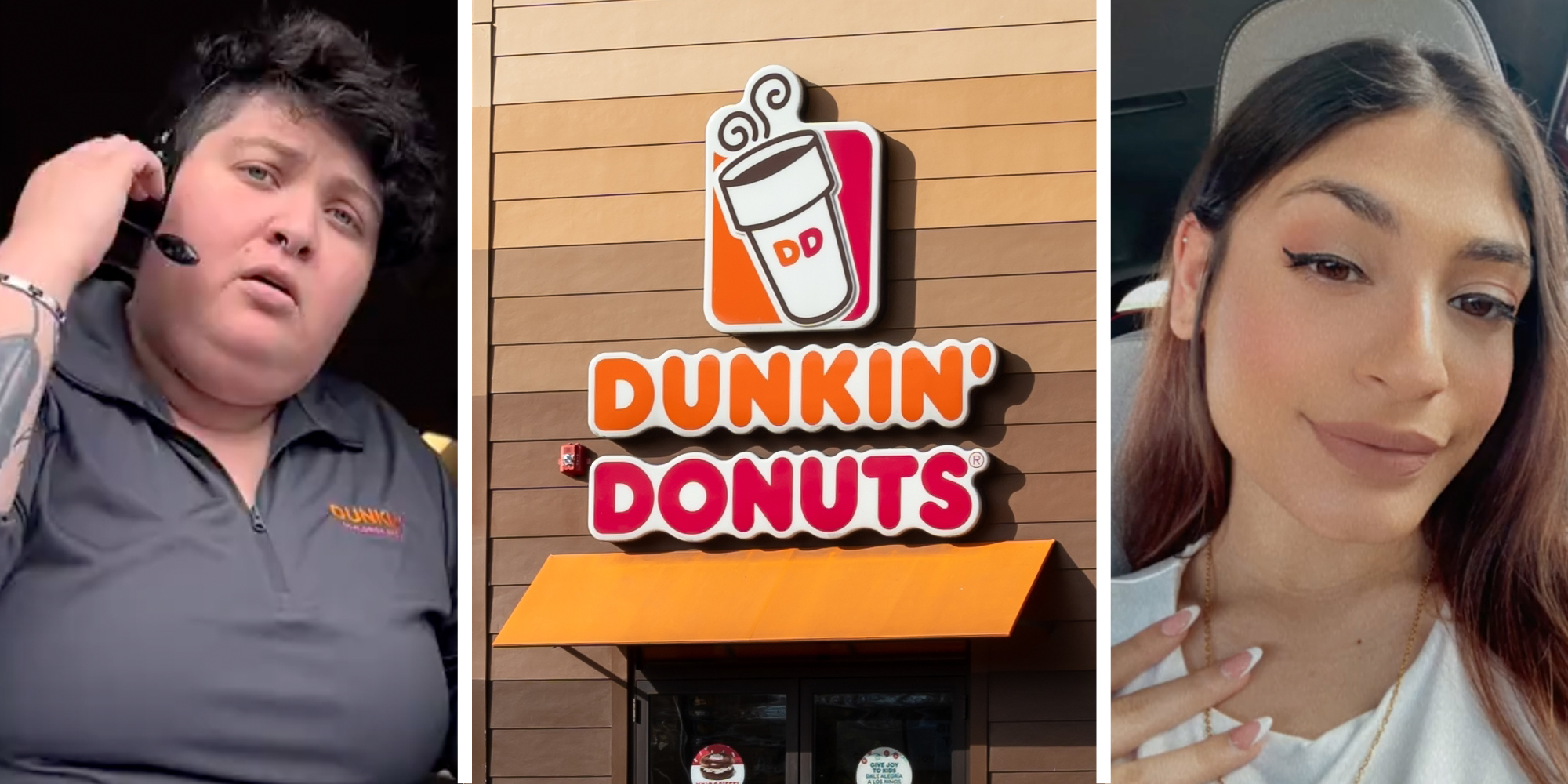 Dunkin Donuts worker(l), Dunkin Donuts sign(c), Woman talking(R0