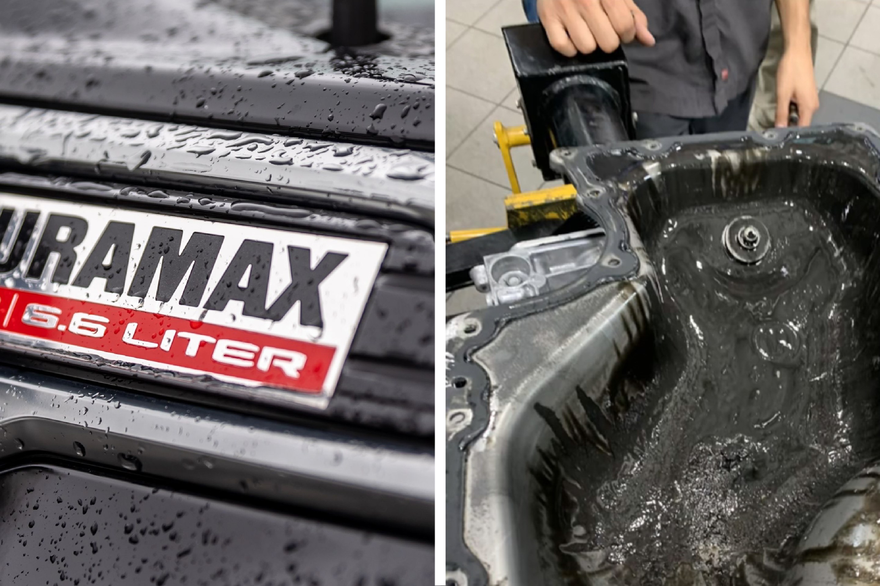 2 panel image. On the left is the logo for Duramax and on the right is a dirty car engine part.