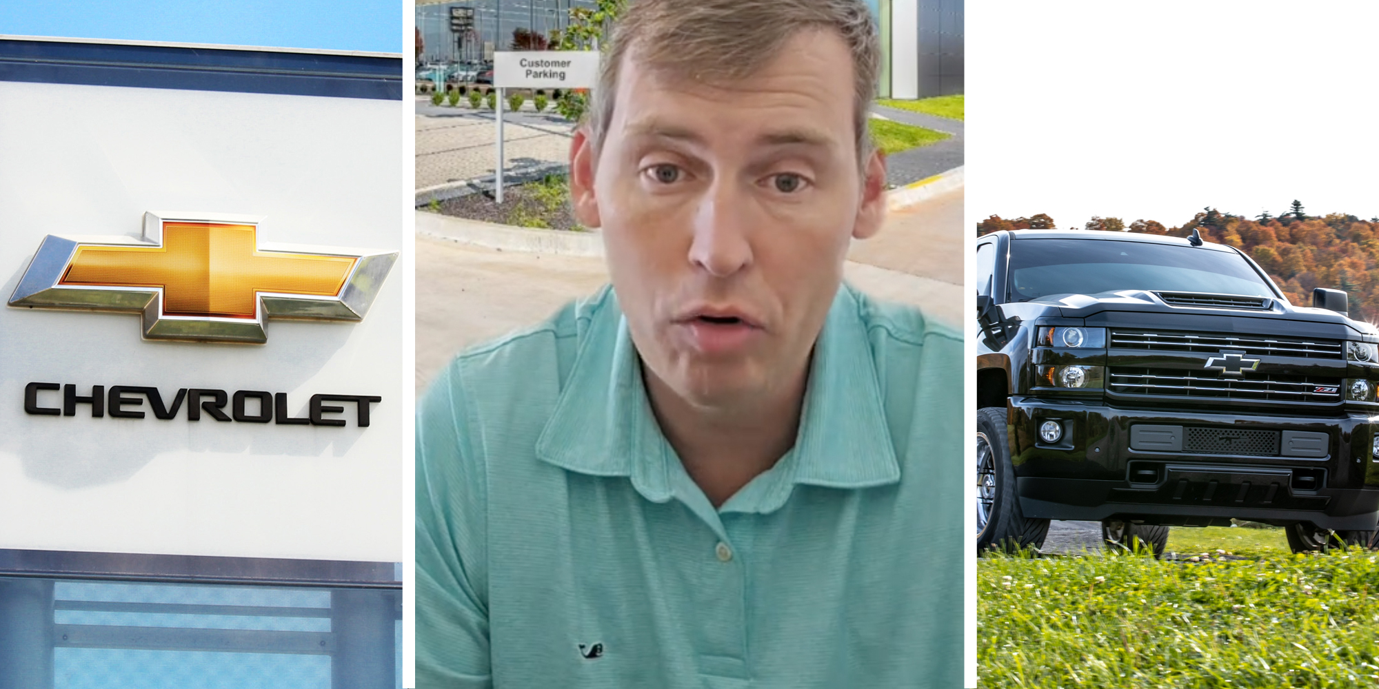 Chevrolet sign(l), Man talking(c), Truck(r)