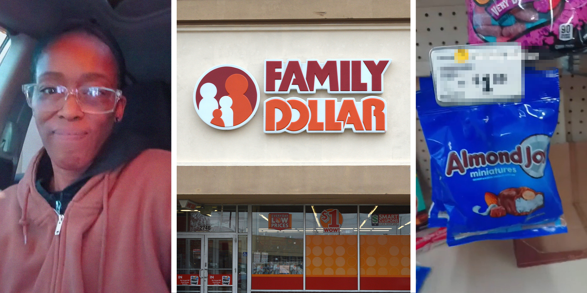 woman smiling(l) Family Dollar Store Front(c) Almond Joy candy bag(r)