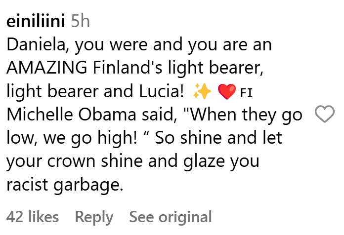 Instagram comment on a post by Finland's first Brown St. Lucia. It reads, "
