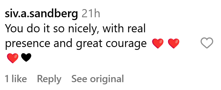 Instagram comment on a post by Finland's first Brown St. Lucia. It reads, "You do it so nicely, with real presence and great courage "