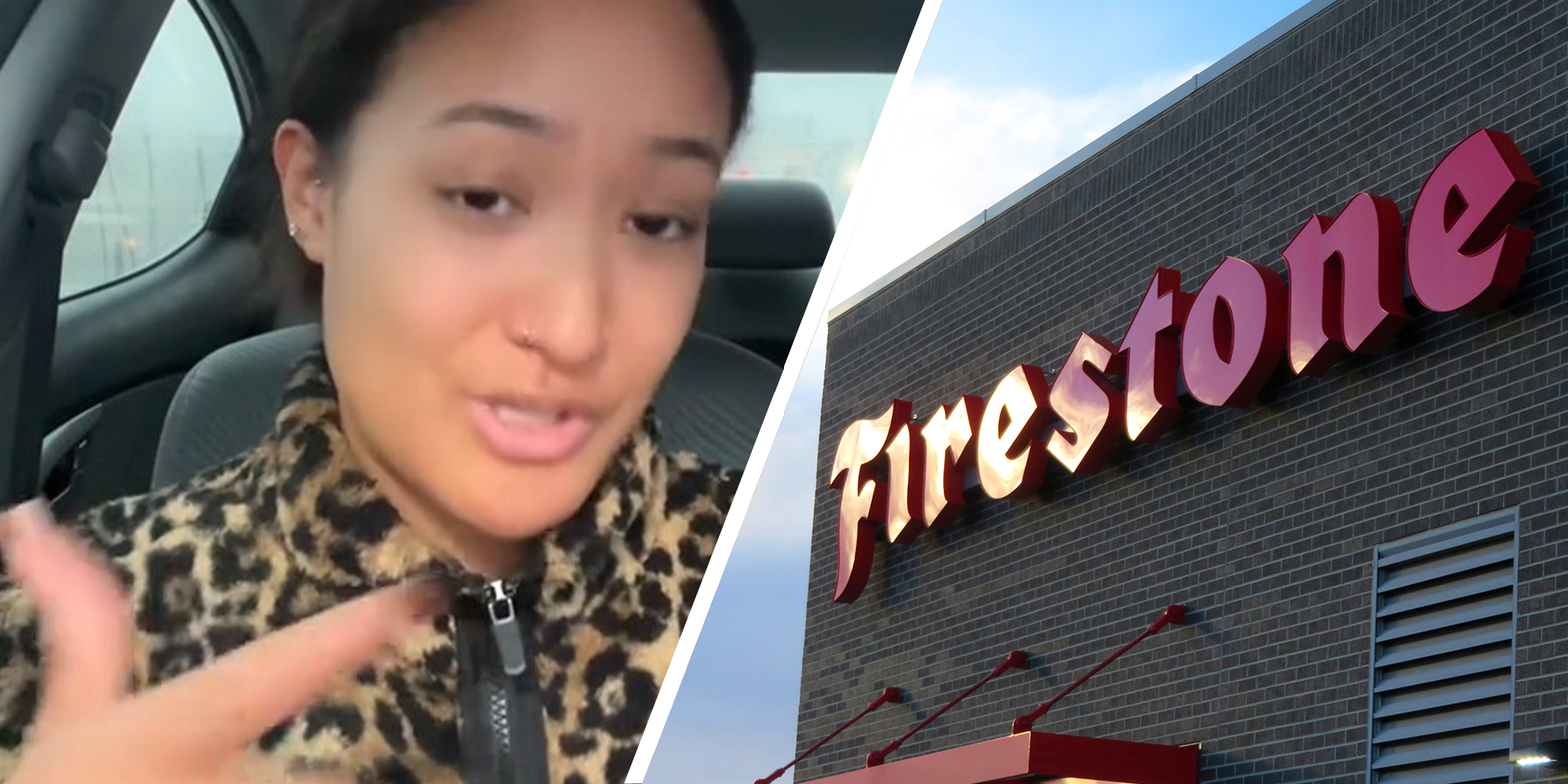 woman shares experience with FireStone(l) FireStone sign(r)