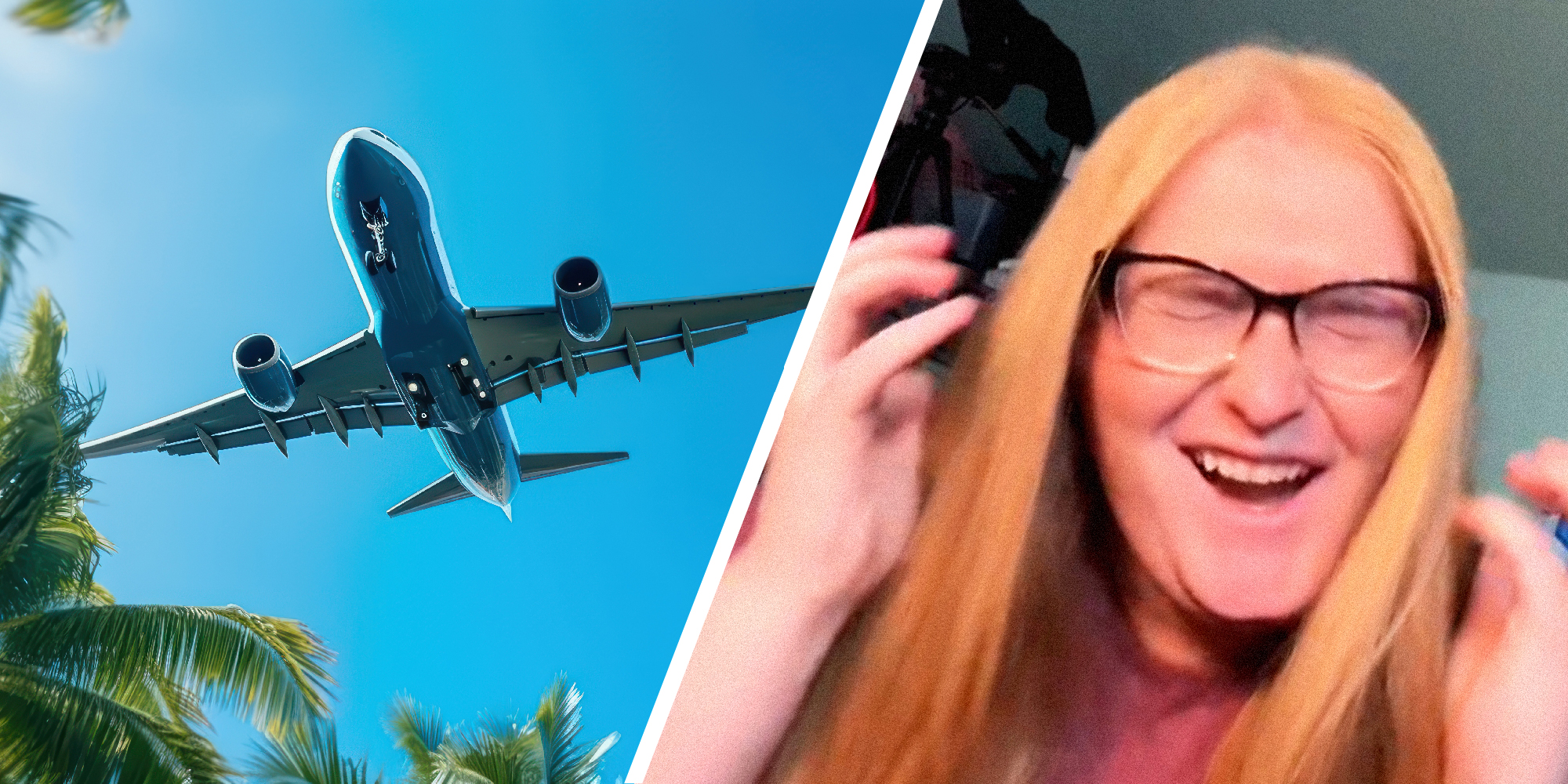 2 panel image, one the left a plane files over a tropical landscape. On the right a person jokingly screams in frustration.