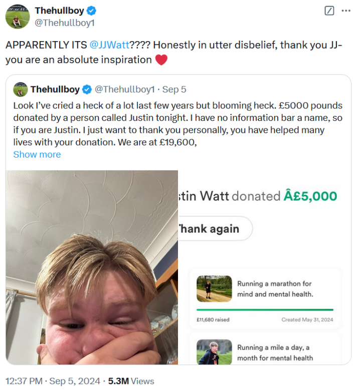 Quote tweet reading "APPARENTLY ITS @JJWatt ???? Honestly in utter disbelief, thank you JJ- you are an absolute inspiration."