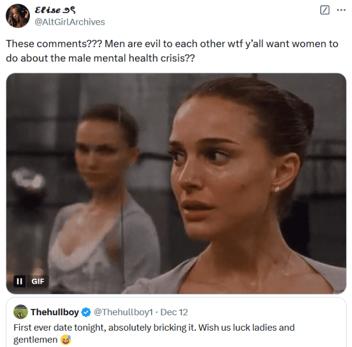 Tweet with a Black Swan gif reading "These comments??? Men are evil to each other wtf y’all want women to do about the male mental health crisis??"