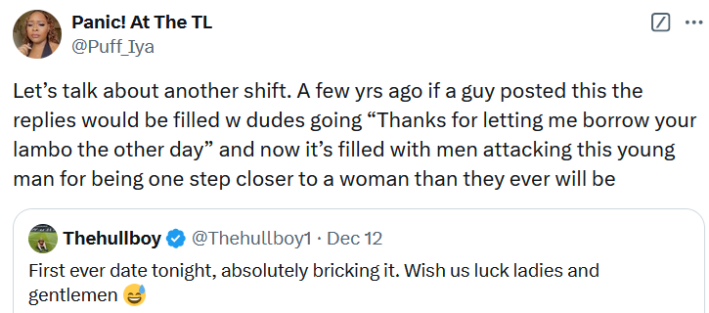 Tweet reading "Let’s talk about another shift. A few yrs ago if a guy posted this the replies would be filled w dudes going “Thanks for letting me borrow your lambo the other day” and now it’s filled with men attacking this young man for being one step closer to a woman than they ever will be."