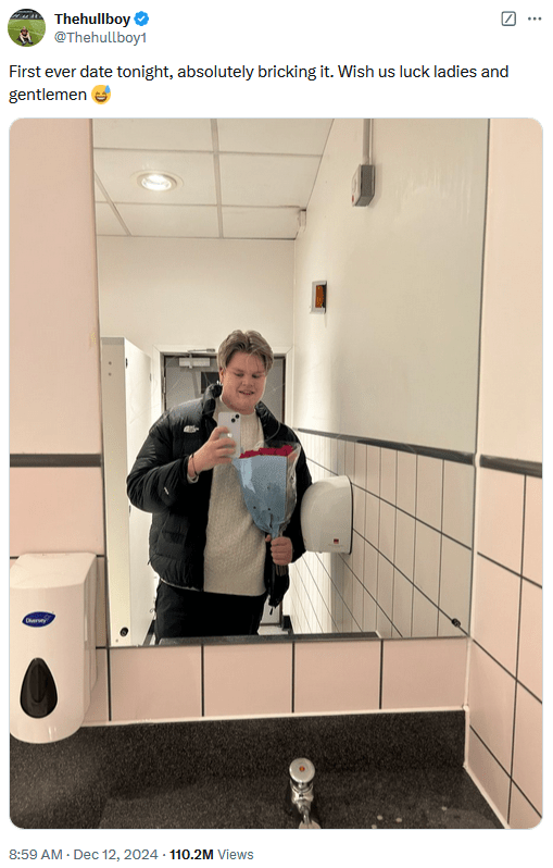 Tweet reading "First ever date tonight, absolutely bricking it. Wish us luck ladies and gentlemen" with a photo of Marcus Skeet holding flowers.