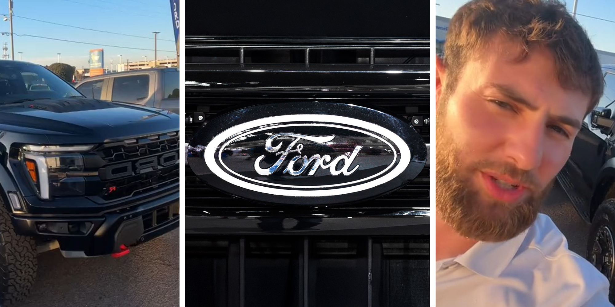 Ford F150 (l) Ford logo on grill(c) Car Salesman sharing information about purchases made at dealer(r)