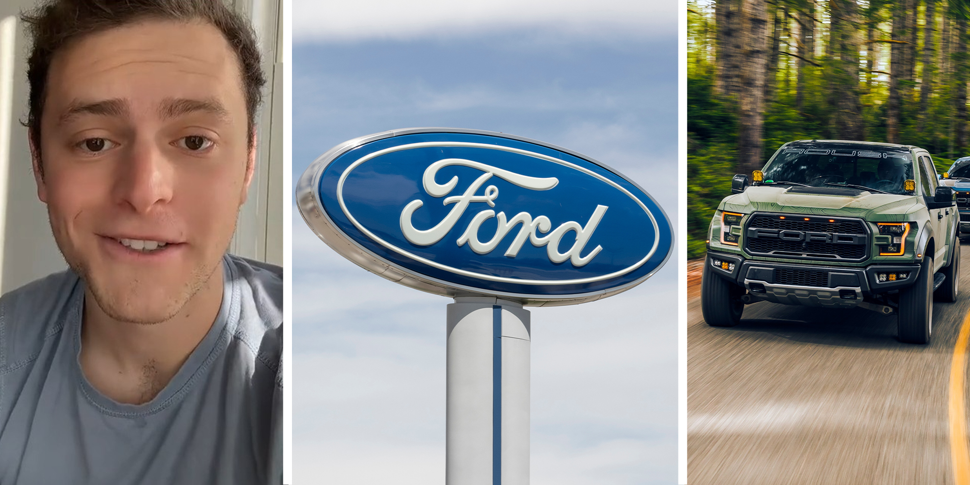 man sharing news about Ford(l) Ford sign(c) Green Ford f150 (r)