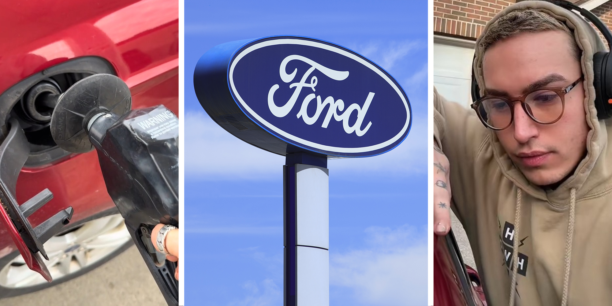 Filling up gas tank(l) Ford Dealer Sign(c) Man looking intimately at car(r)