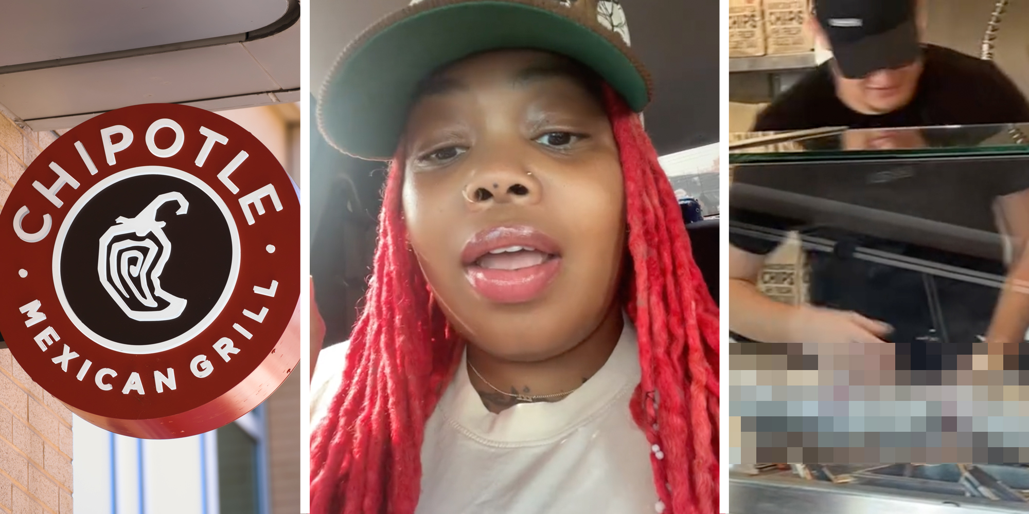 Chipotle sign(l), Woman talking(c), chipotle worker behind counter(r)