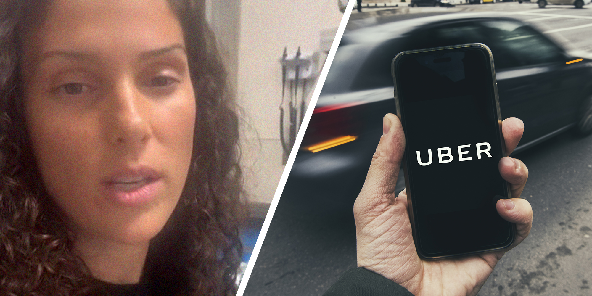 woman shares uber story(l) Person holding phone with uber on Display(r)