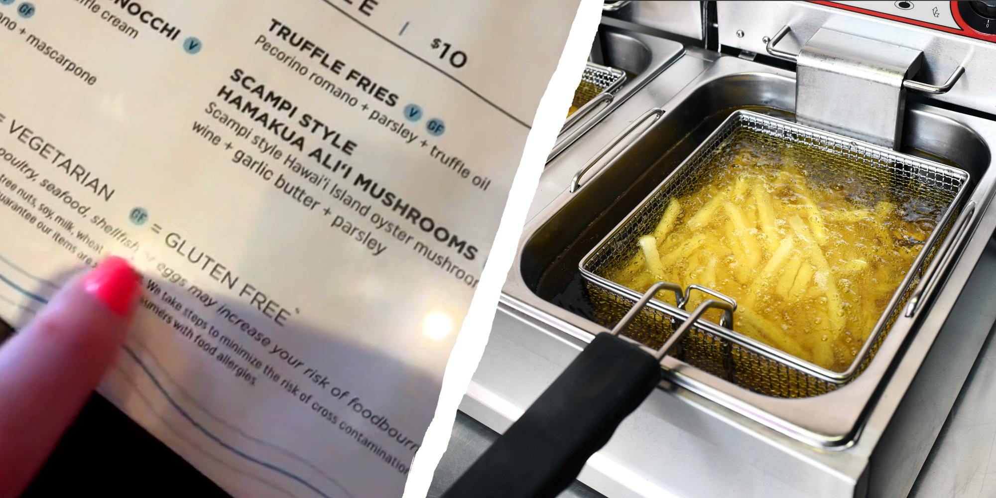 2 panel image: on the left a person points at a menu, on the right we see fries in a deep frier.