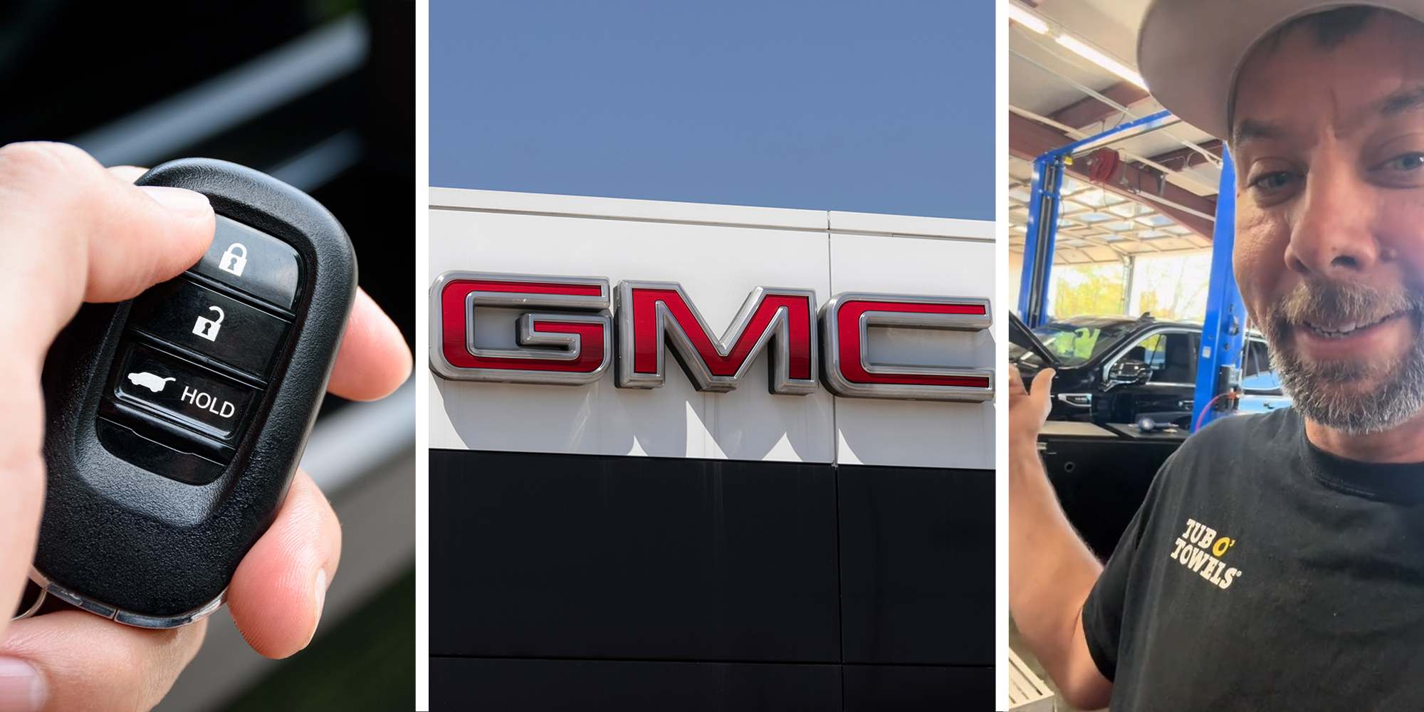 person holding Key Fob(l) Gmc dealer Logo(c) Mechanic shares solution to electrical issues with GMC cars(r)