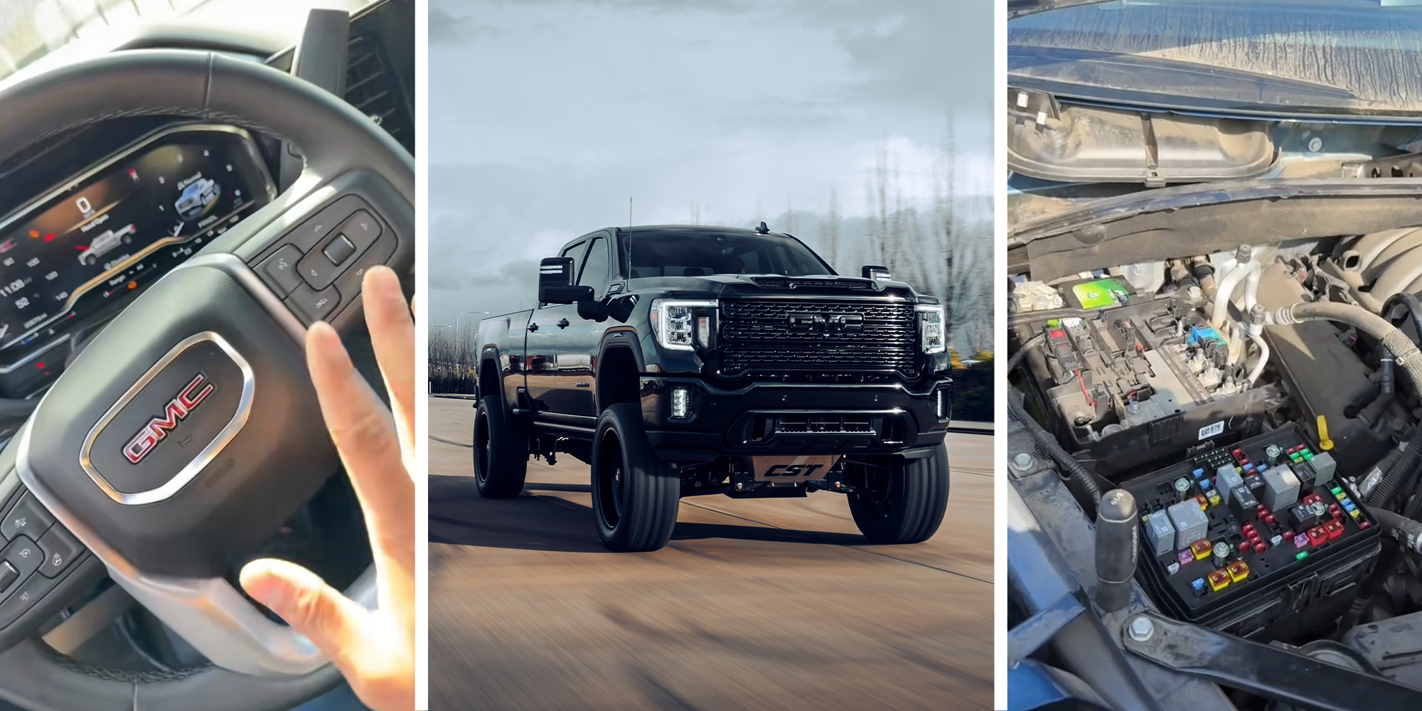 GMC logo on steering Wheel(l) BLACK GMC Pickup(c) GMC fuse box(r)