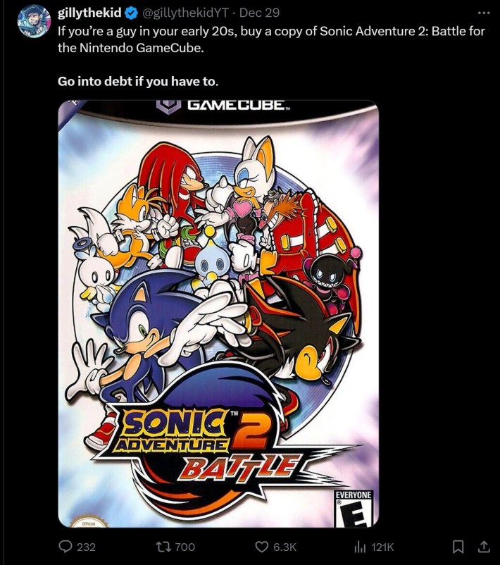 tweet that reads "If you’re a guy in your early 20s, buy a copy of Sonic Adventure 2: Battle for the Nintendo GameCube.Go into debt if you have to."