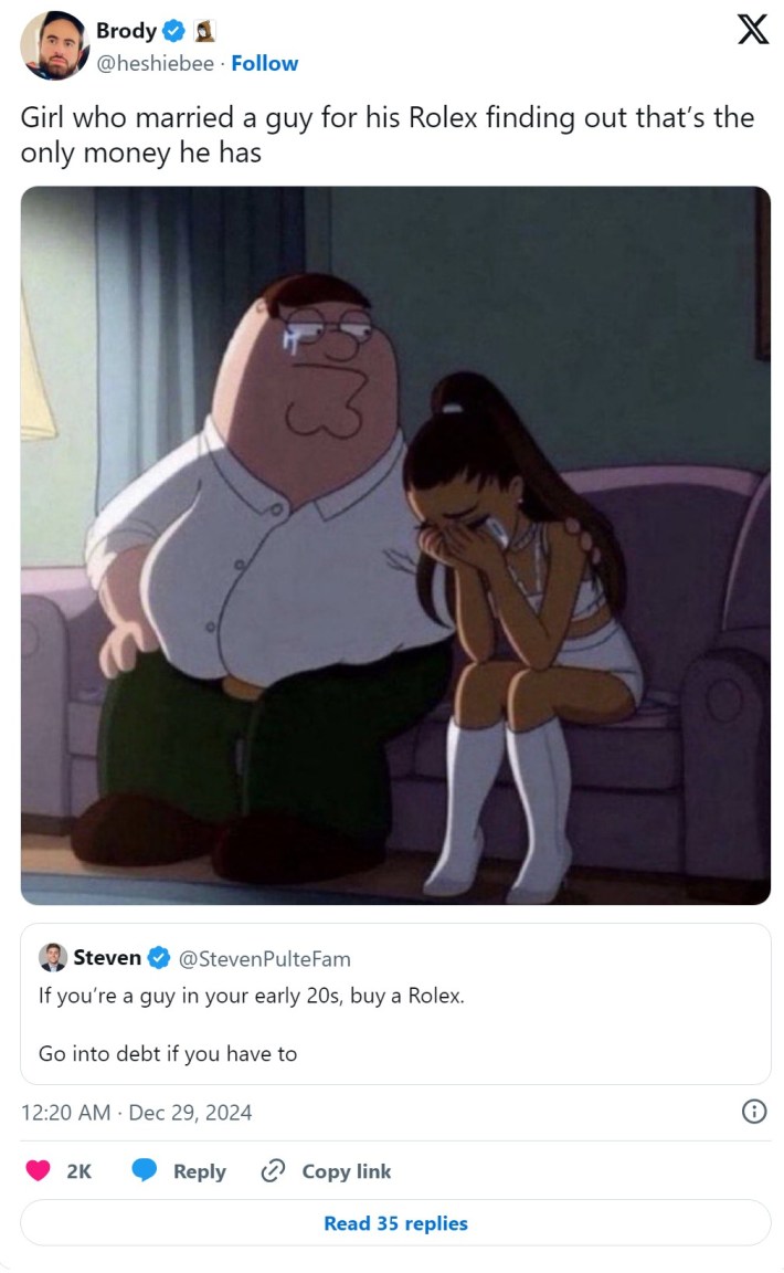 "Girl who married a guy for his Rolex finding out that’s the only money he has"