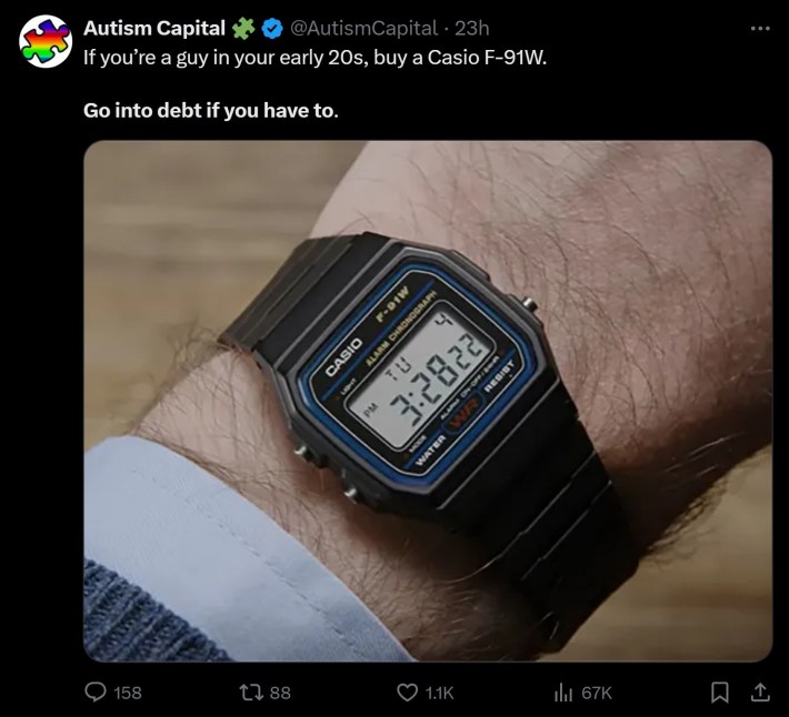 tweet that reads "If you’re a guy in your early 20s, buy a Casio F-91W, go into debt if you have to"