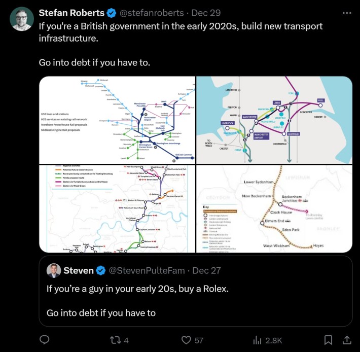 tweet that reads "If you're a British government in the early 2020s, build new transport infrastructure, go into debt if you have to"