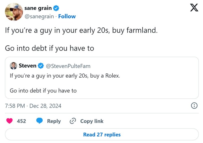 tweet that reads "If you’re a guy in your early 20s, buy farmland, go into debt if you have to"