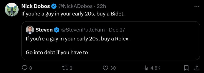 tweet that reads "if you're a guy in your 20s, buy a bidet"
