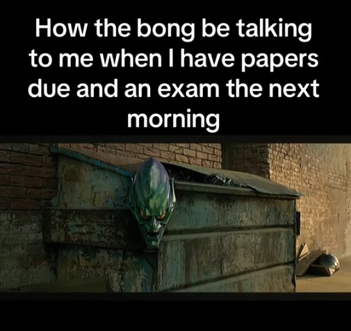 "how the bong be talking to me when I have papers due and an exam the next morning" green goblin mask meme