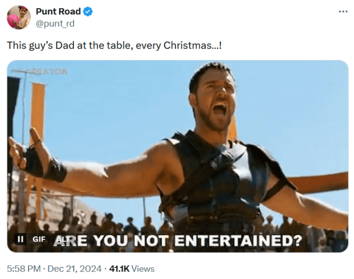 Tweet with a "are you not entertained" gif.