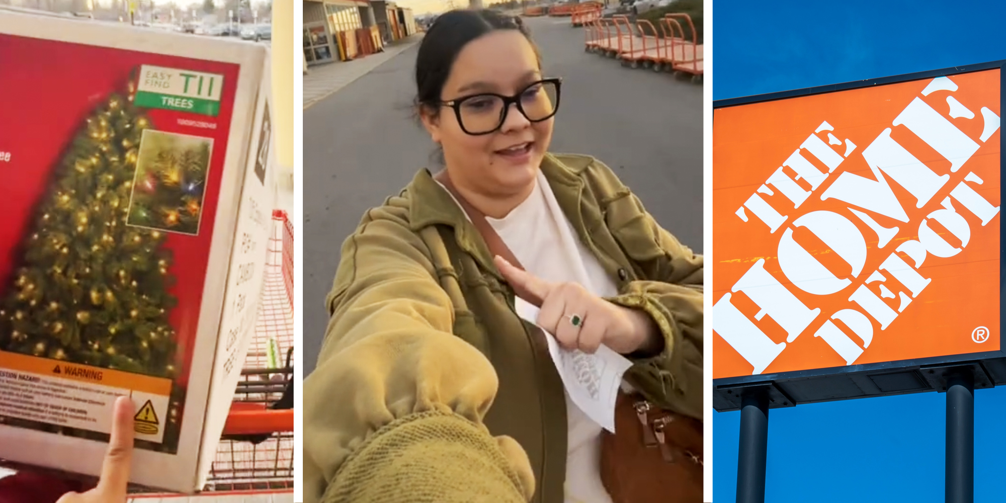 Christmas tree in box(l), Woman talking(c), Home Depot sign(r)