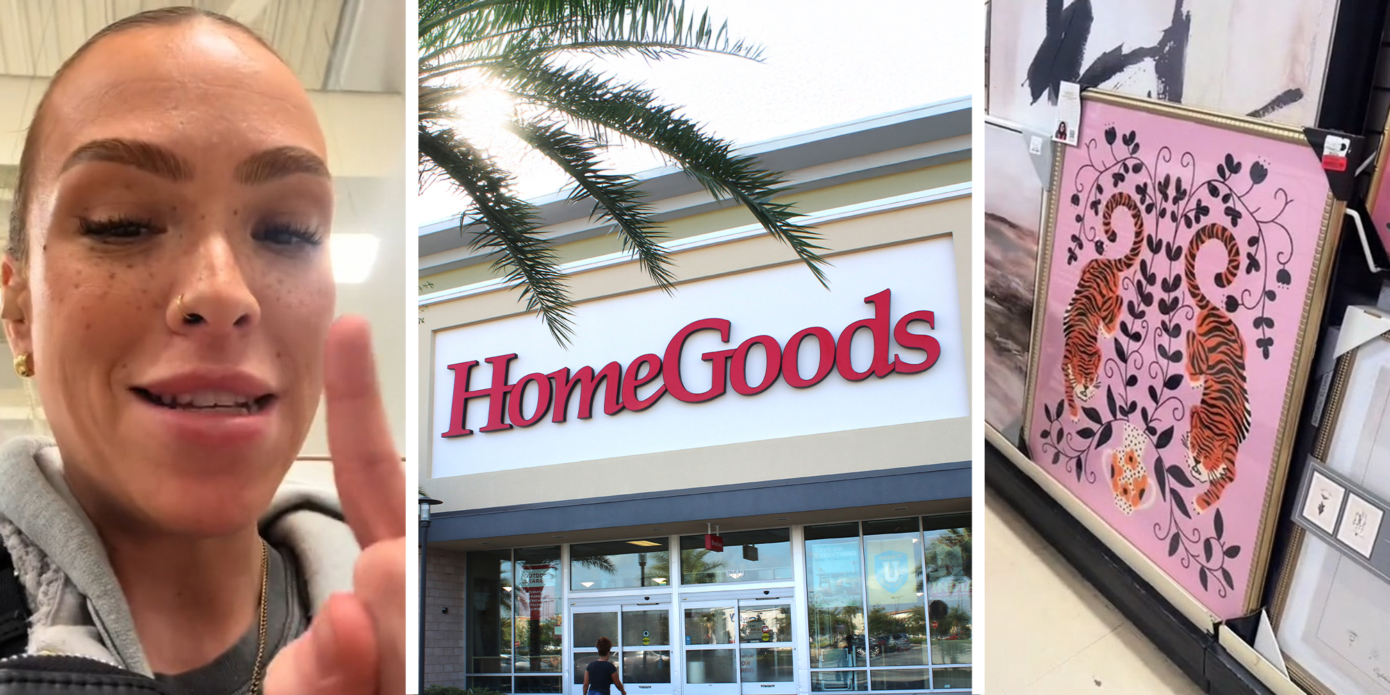 Shopper shares what she found at HomeGoods(l) HomeGoods Store Front(c) Paintings on shelf for sale(r)