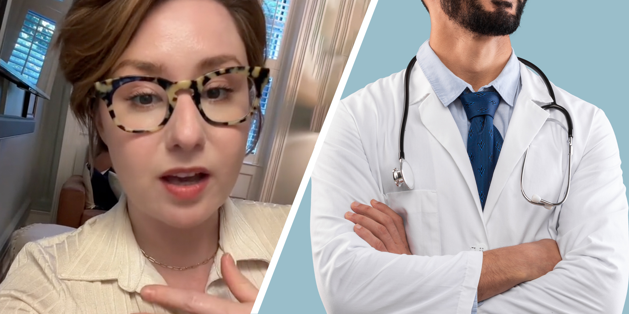 Woman talking(l), Doctor(r)