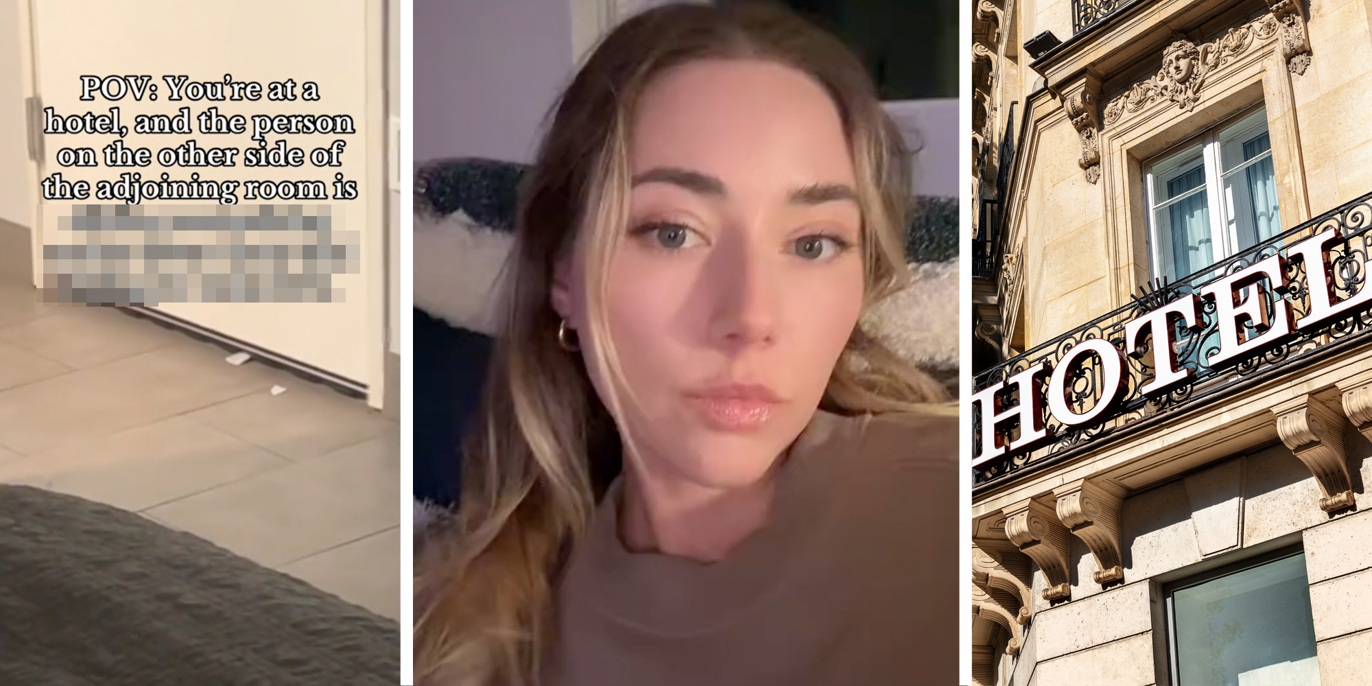 Hotel adjoining room door with text "POV: you're at a hotel, and the person on the other side of the adjoining room is "Redacted text"(l) Woman talking(c), Hotel(r)