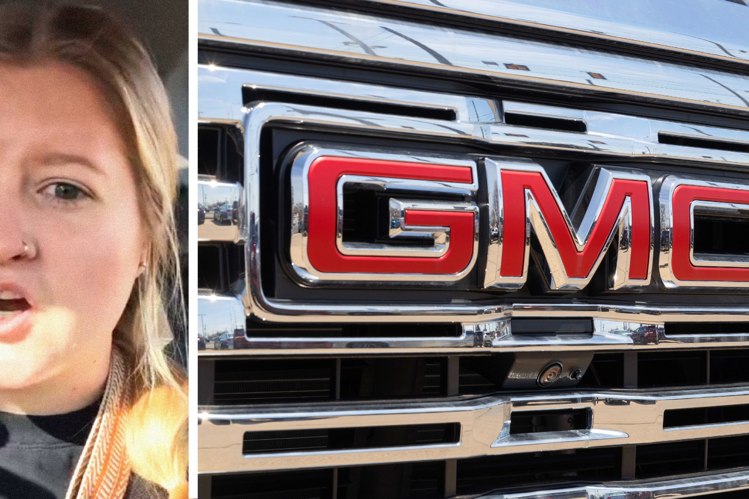 2 panel image: on the left a person explains and on the right we see the logo on the front of a GMC vehicle.