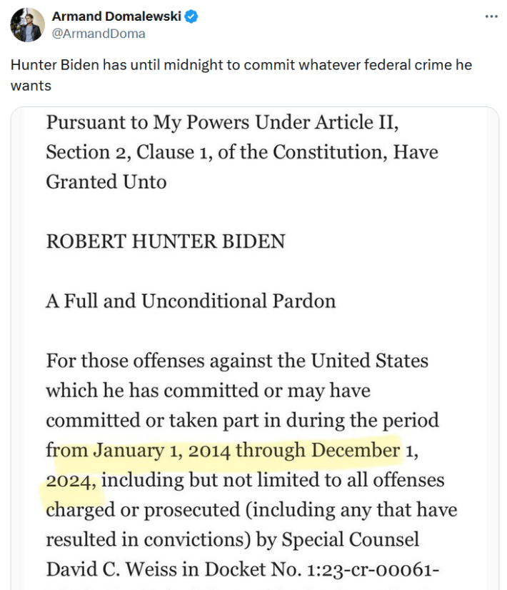 Tweet highlighting a pardoning document's time period.