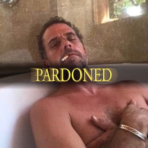 Hunter Biden Pardon meme with the photo of Hunter in the bathtub with the word "pardoned" Photoshopped over it.