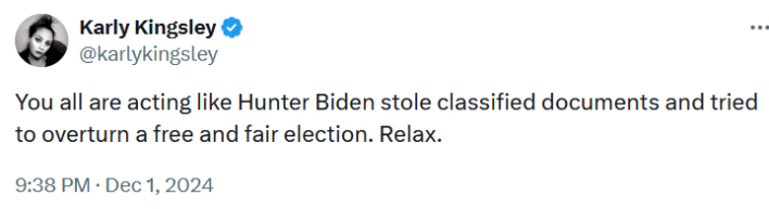Tweet reading "You all are acting like Hunter Biden stole classified documents and tried to overturn a free and fair election. Relax."