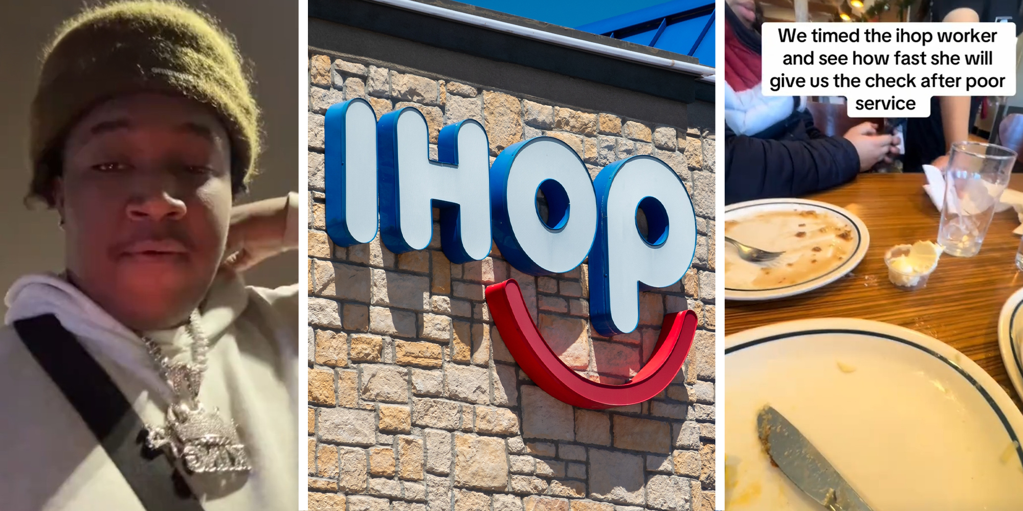 Guy wearing a beanie hat(l) IHop Restaurant Sign(c) Empty plates at IHop Restaurant(r)