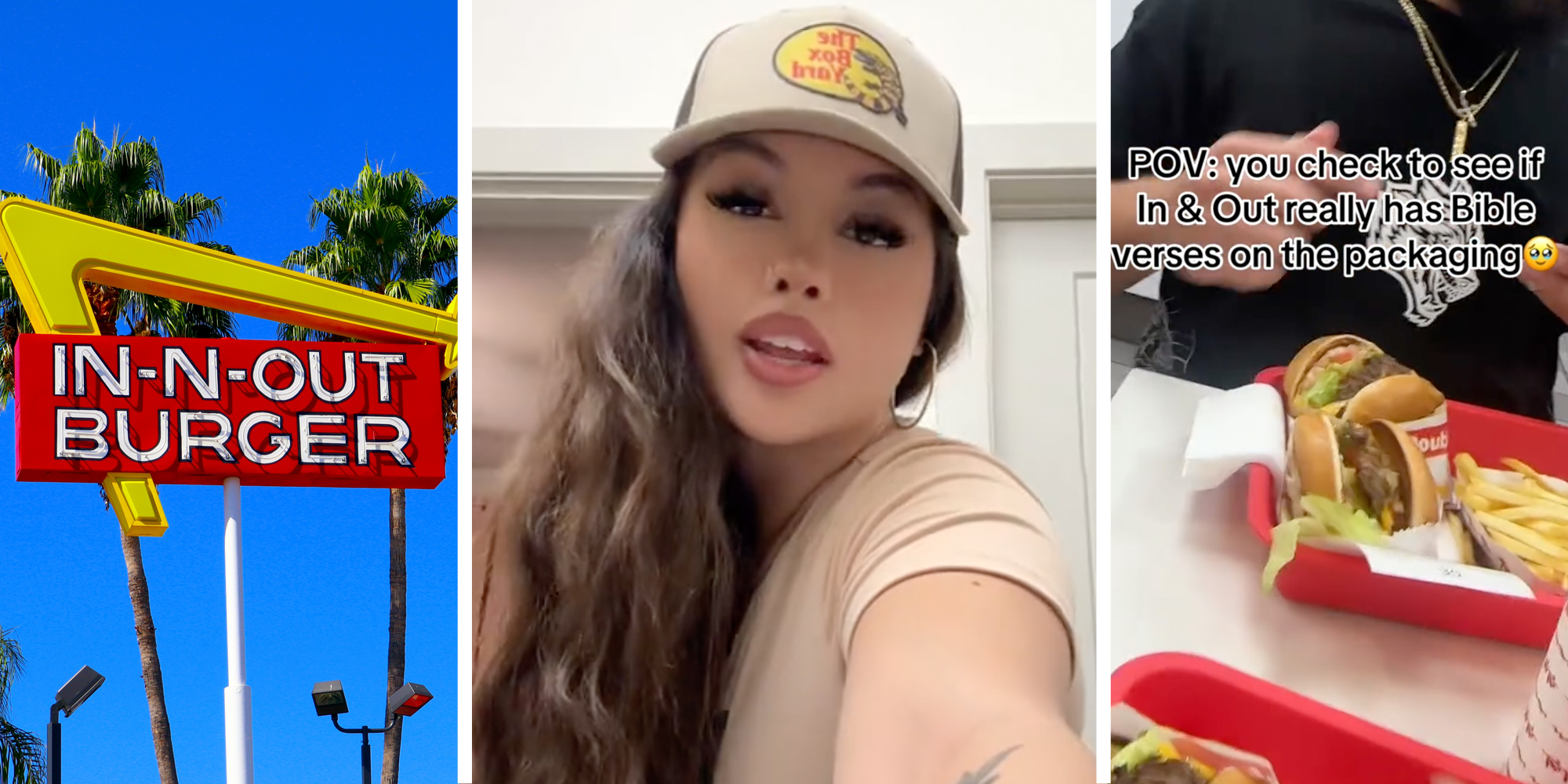 In-n-out-burger sign(l), Woman talking(c), Food at in-n-out burger(r)