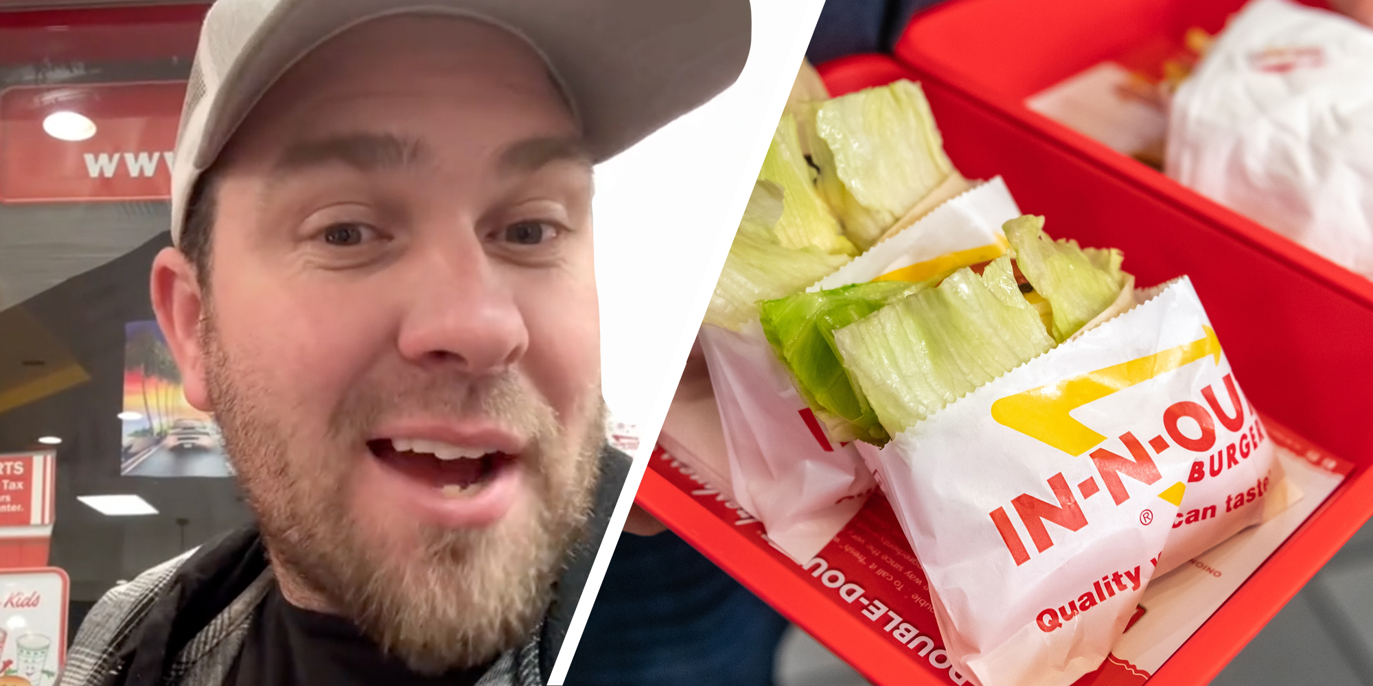 Man talking(l), In-n-out food tray(R)