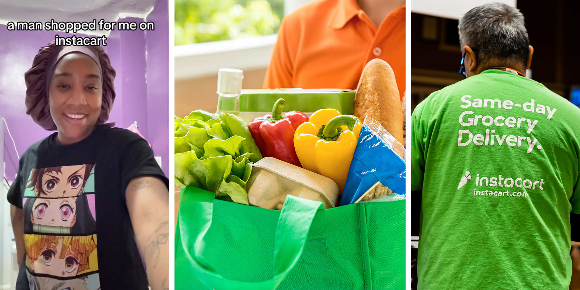 woman sharing instacart haul(l) Instacart Delivery Bag(c) Man working for instacart(r)