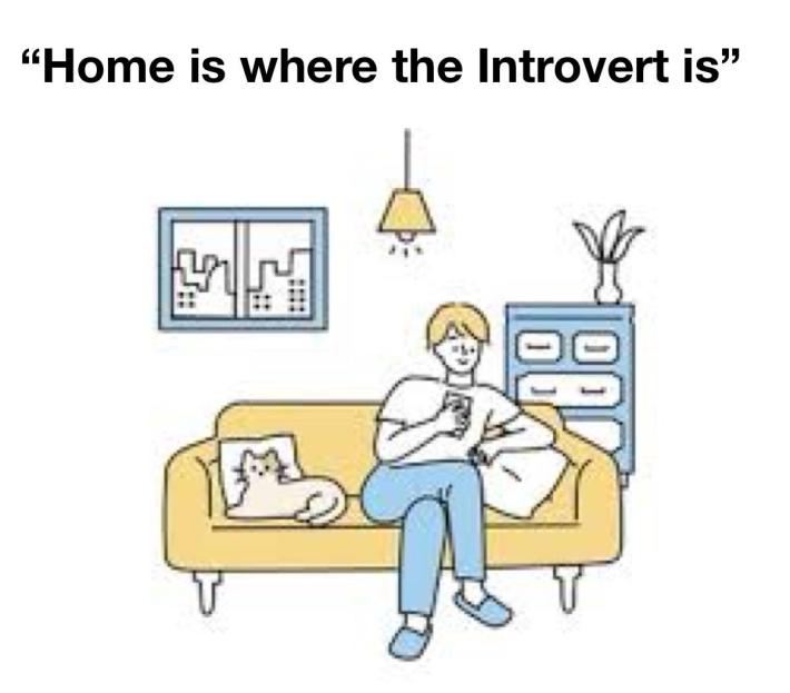 Introvert meme of a person on a sofa with a cat. Text reads, "Home is where the Introvert is."