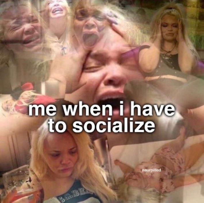 Introvert meme of many photos of a crying blonde woman. Text in the middle reads, "me when i have to socialize."